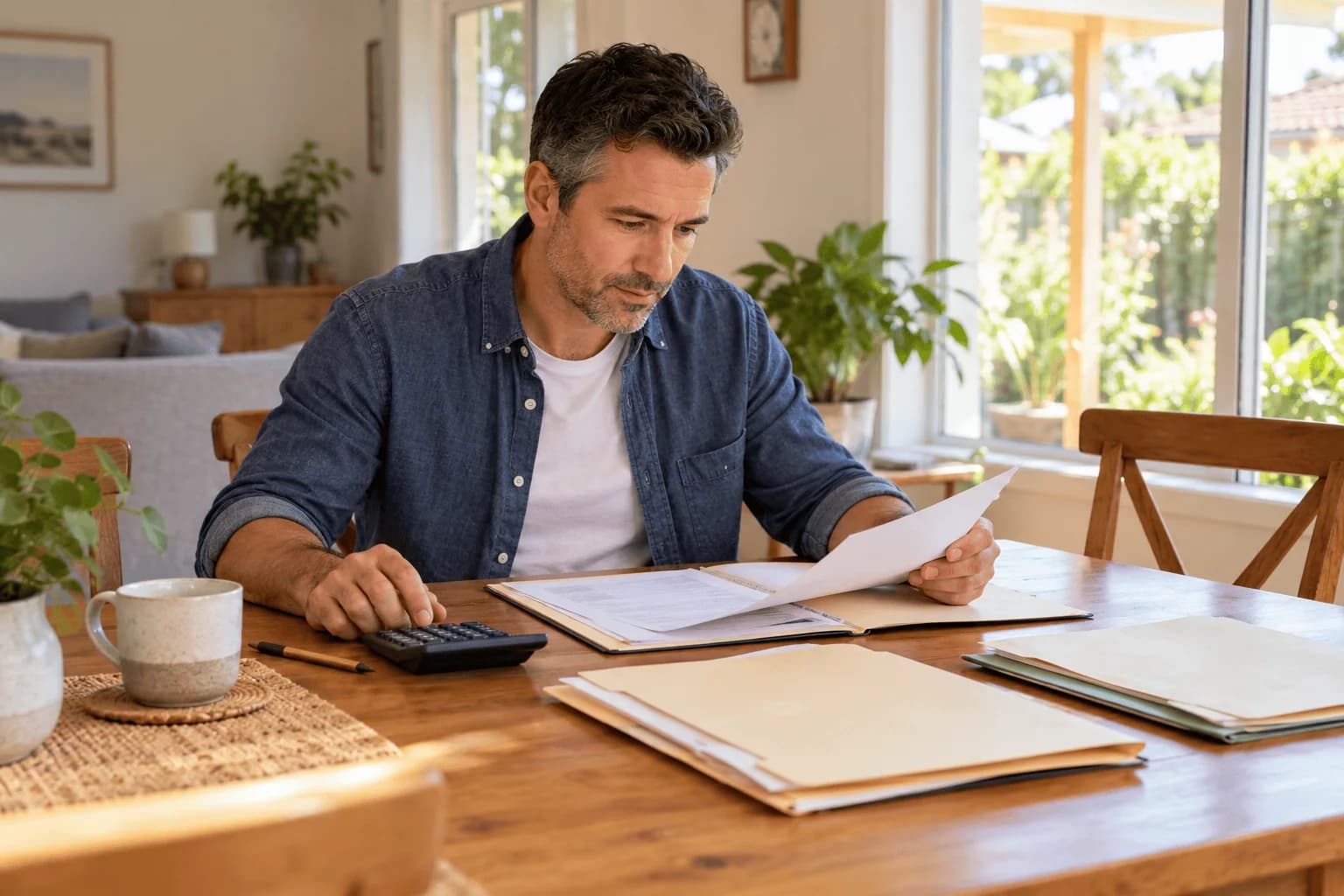 A man reviewing papers beside a calculator and folders at a dining table