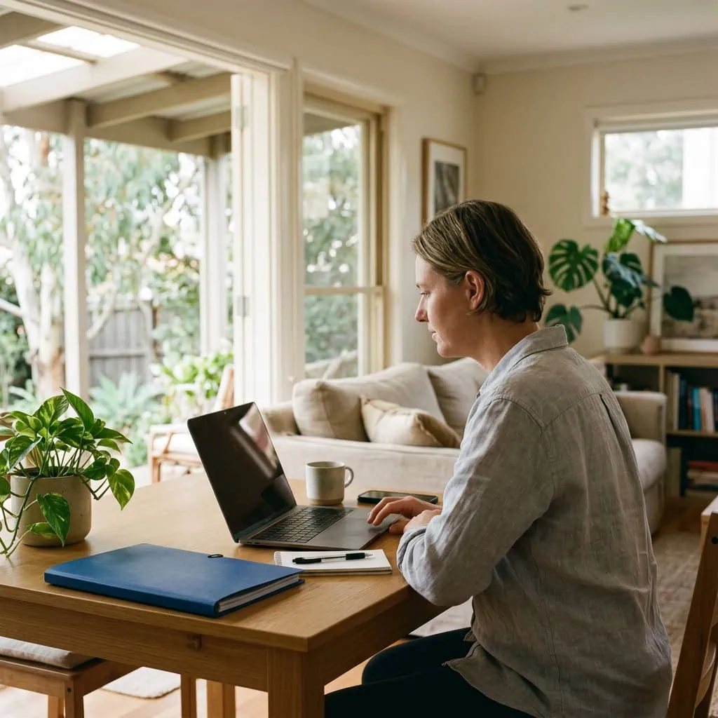 A person uses a laptop at a wooden table beside open garden doors