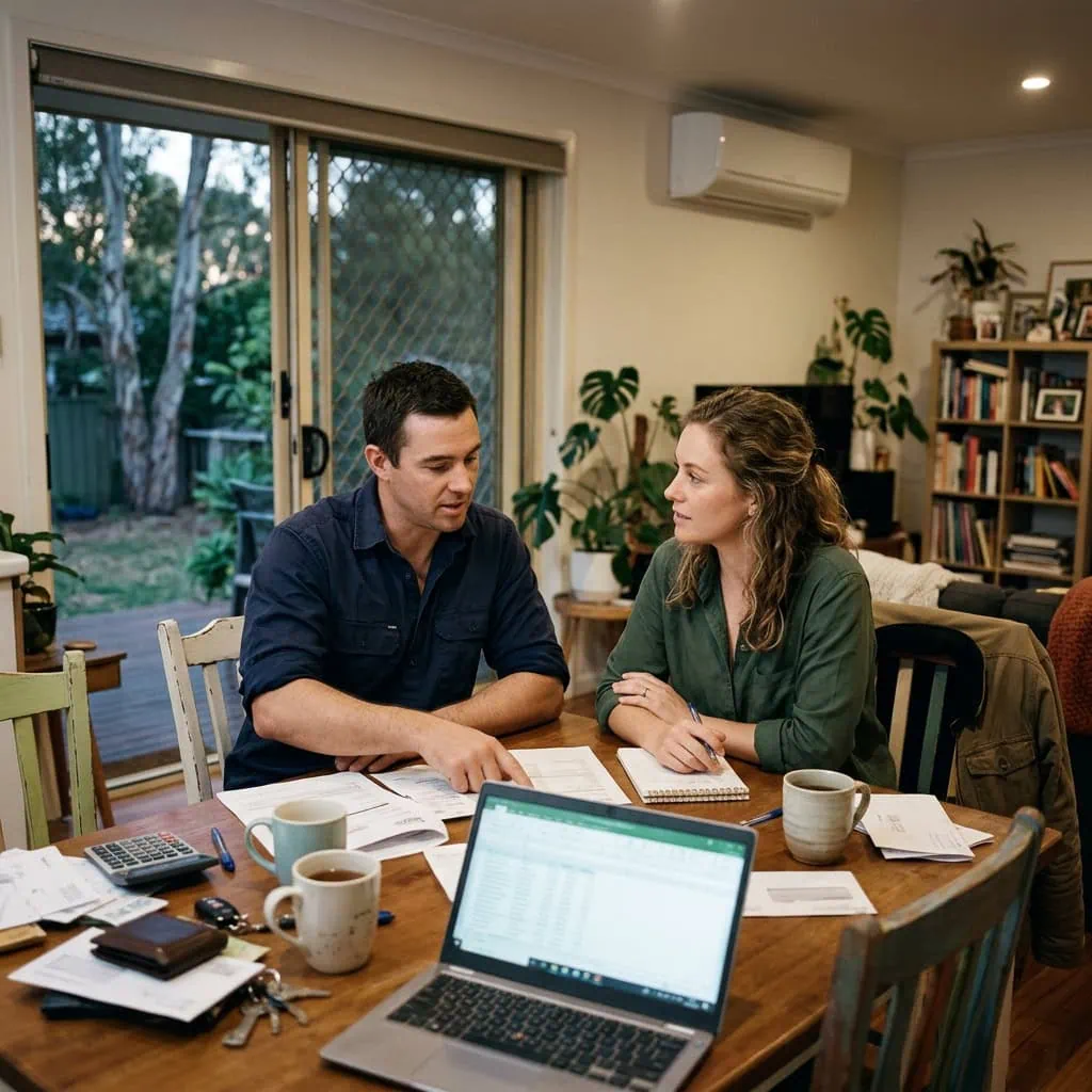 Two people discuss paperwork at a dining table with a laptop in the foreground