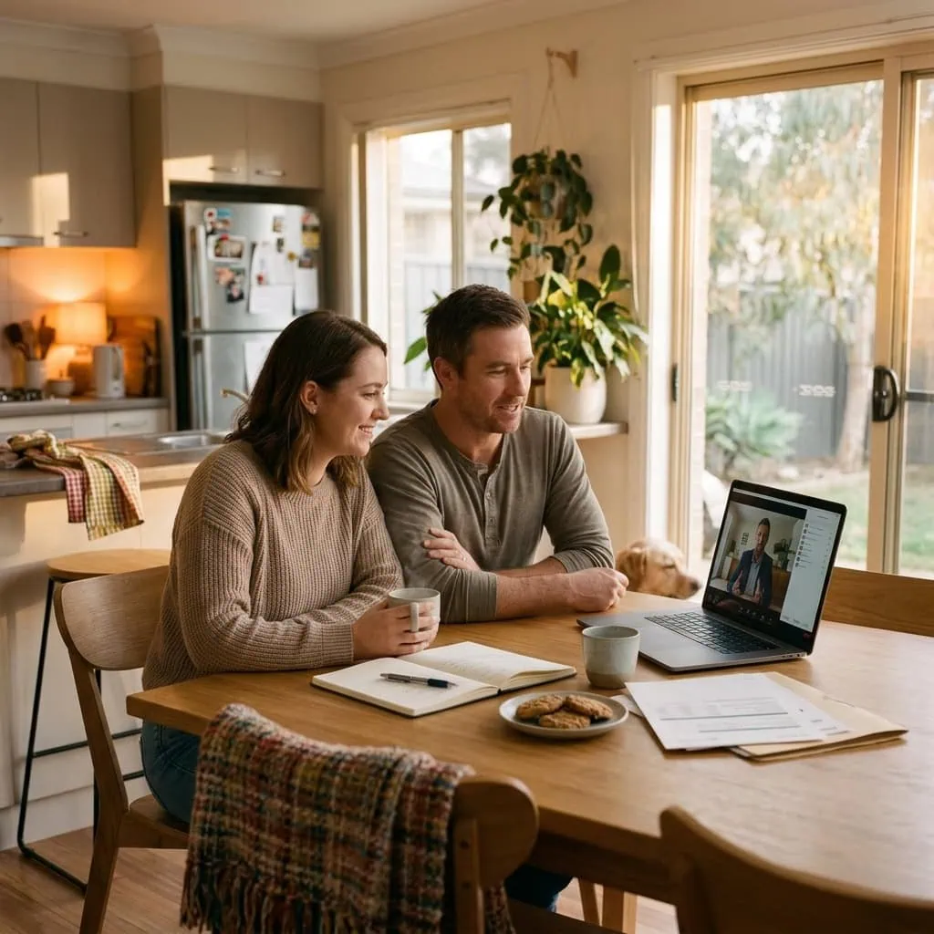 Two people on a laptop video call at a kitchen table, with notes and paperwork beside them