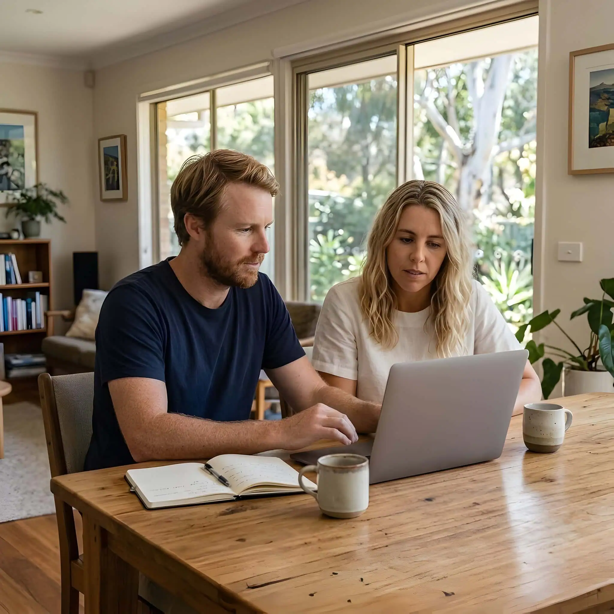 A couple reviewing a laptop with an open notebook on a timber table