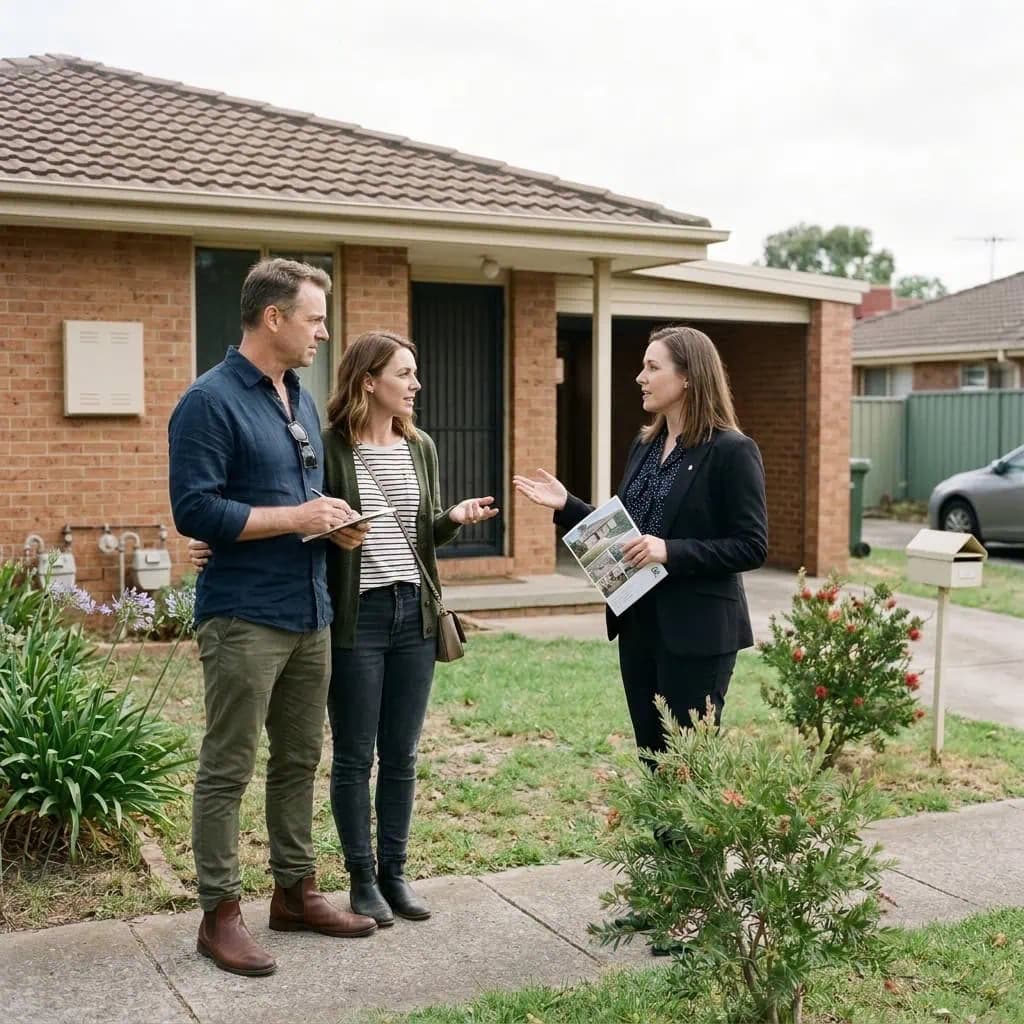Three adults discuss property details outside a brick house, with one holding a brochure