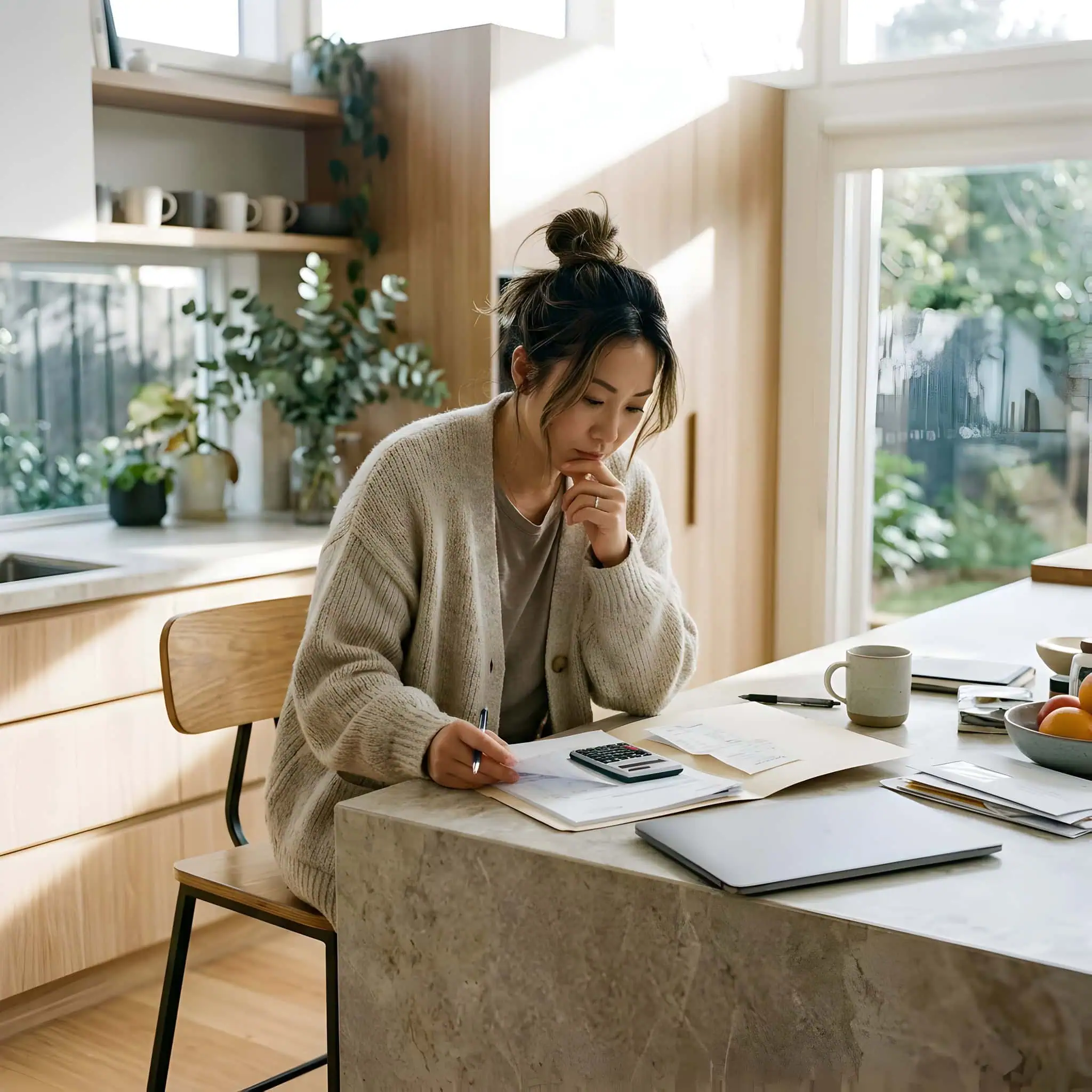 A woman reviewing papers with a calculator at a kitchen bench