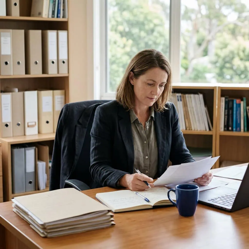 A woman reviews papers beside a notebook and laptop in a bright office