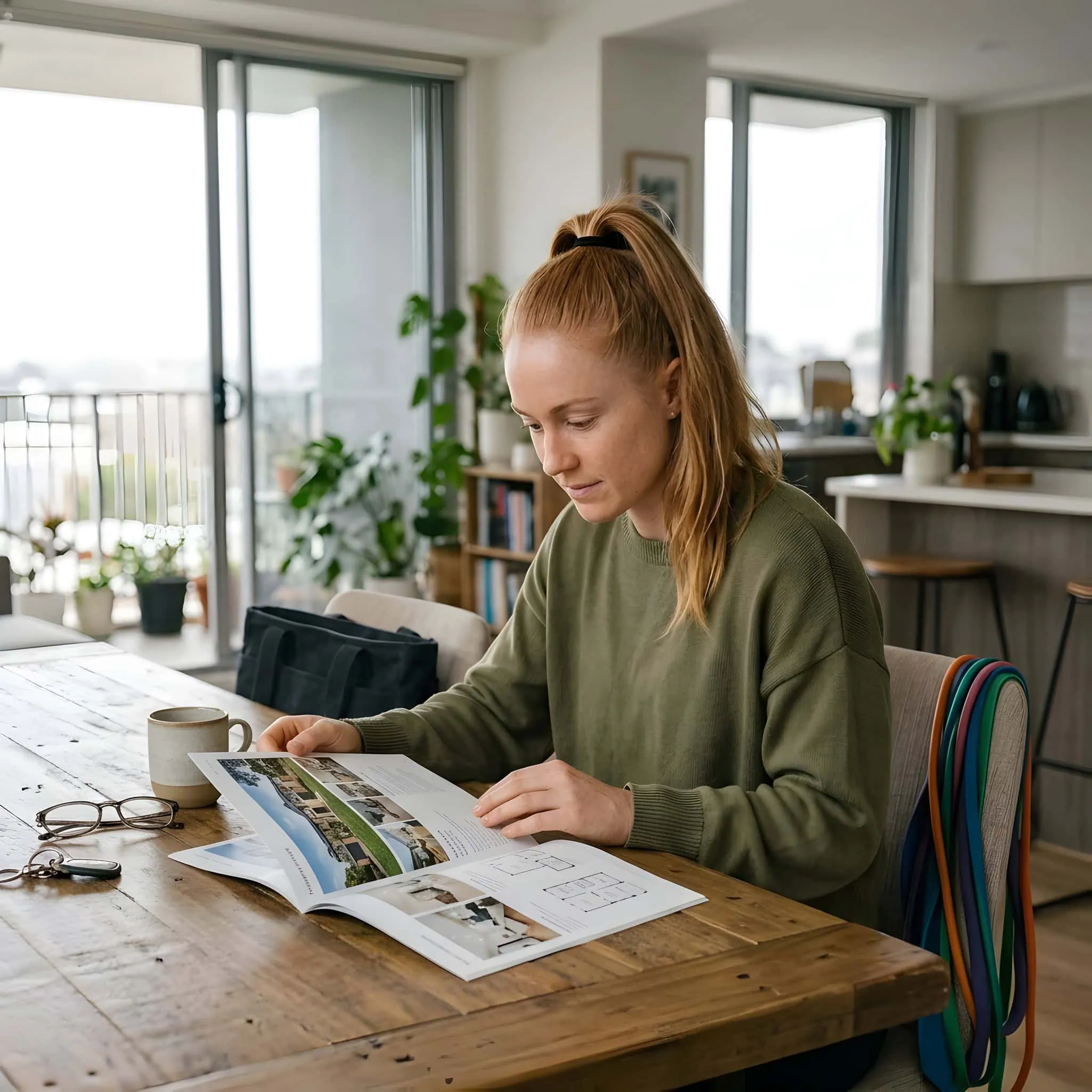 A woman looking through a property brochure at a timber table