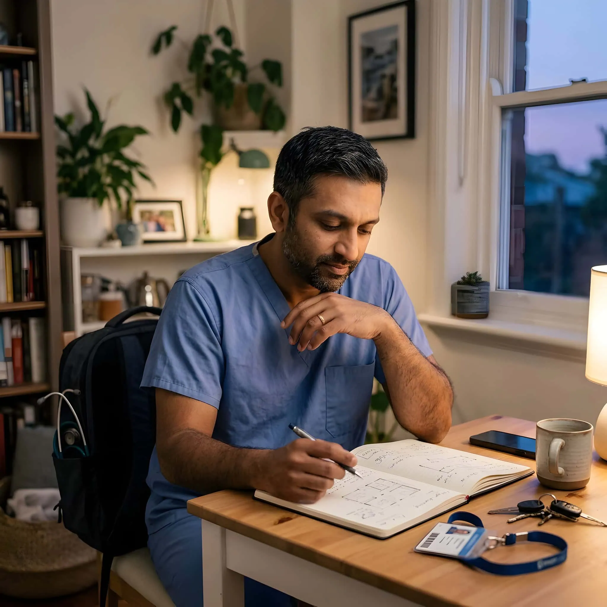 A man in blue scrubs writing in a notebook at a desk