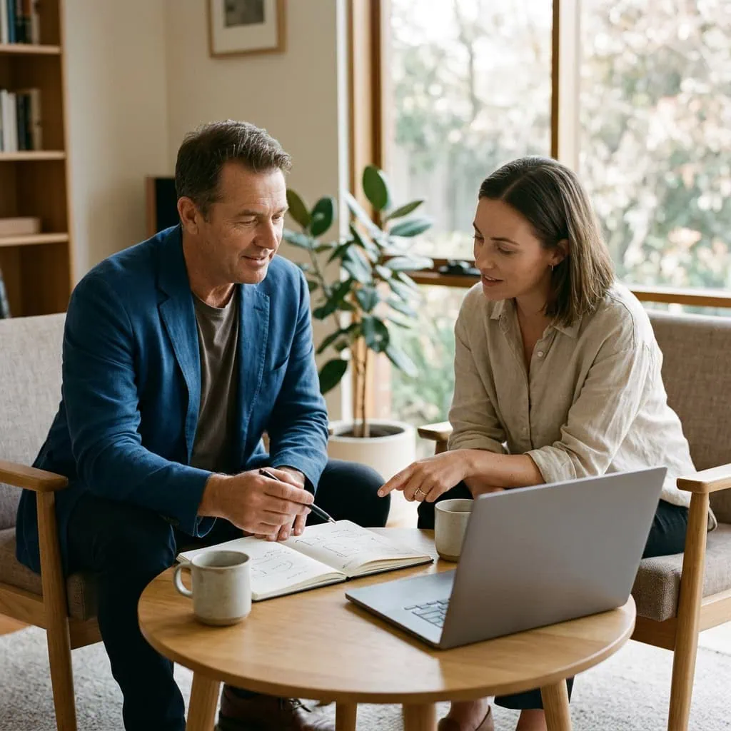 Two people discuss an open notebook beside a laptop at a round table