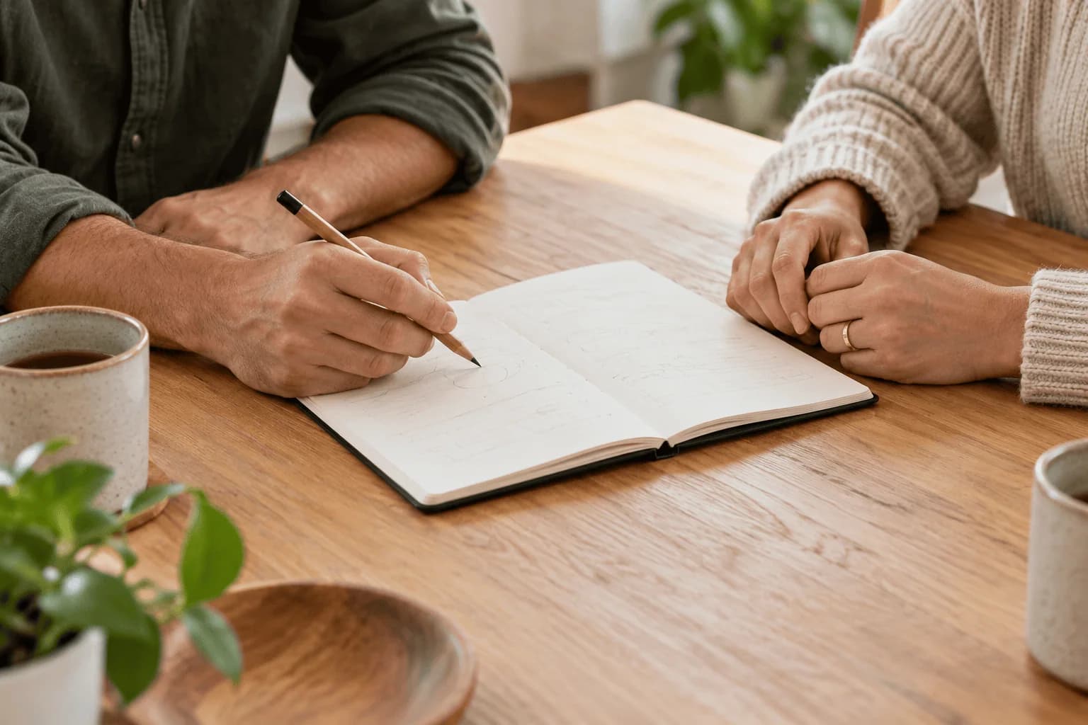 Two people working through a notebook together at a wooden table