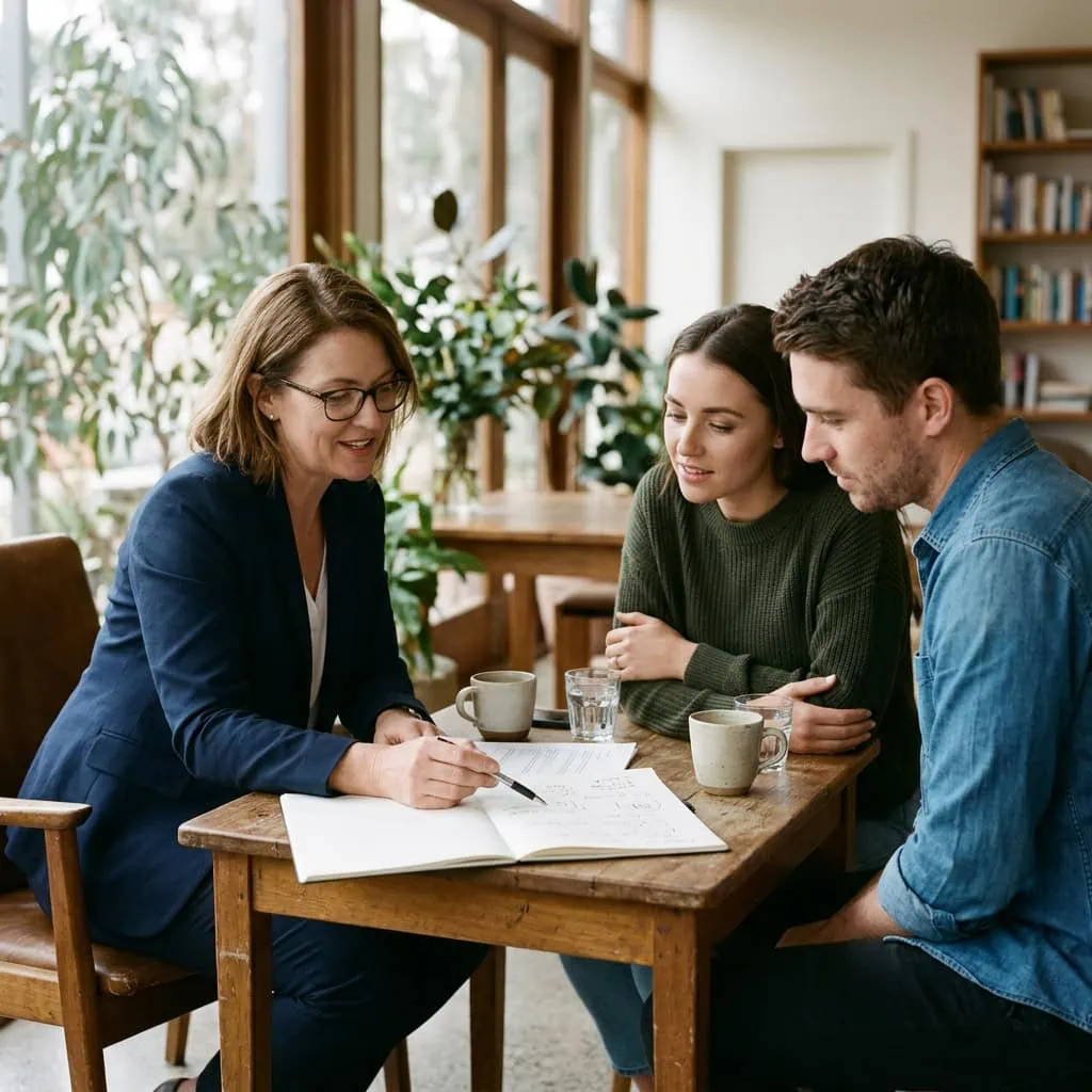 Three people discuss documents and an open notebook at a wooden table