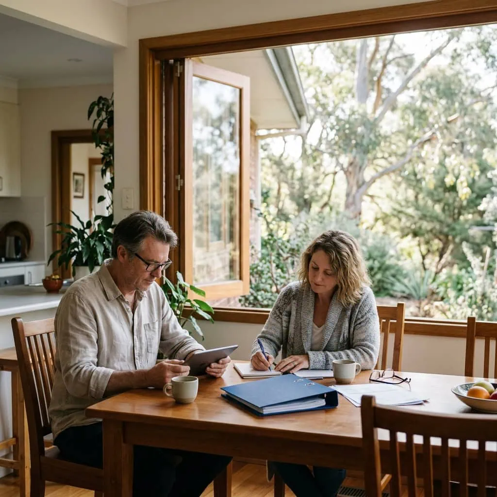 Two adults review a tablet and notebook at a dining table beside an open window