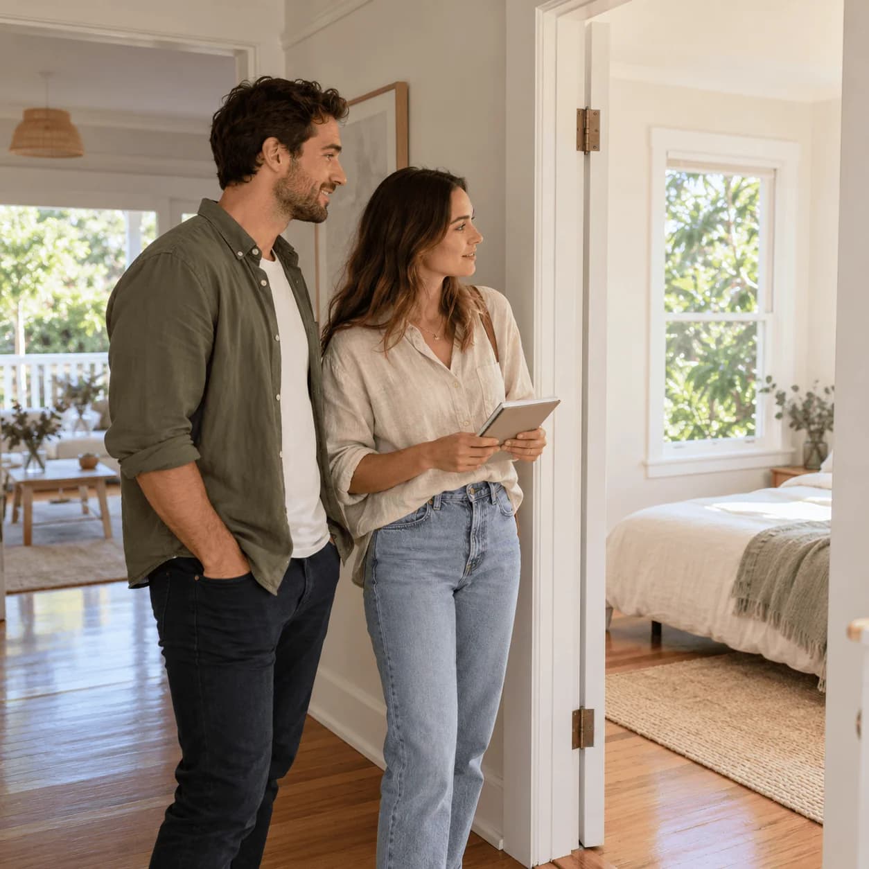 Two adults looking into a bright bedroom during a home inspection