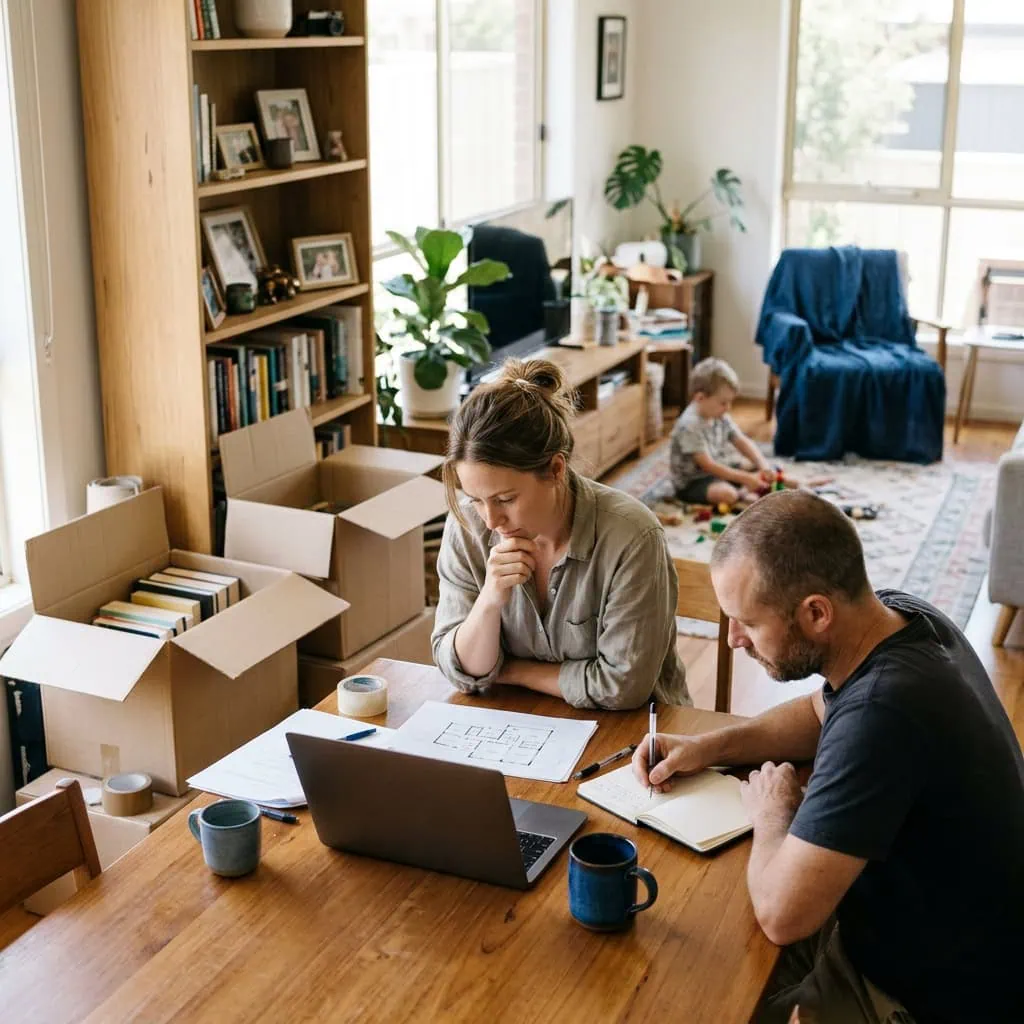 Two adults review a floor plan and notes beside moving boxes, with a child playing behind them