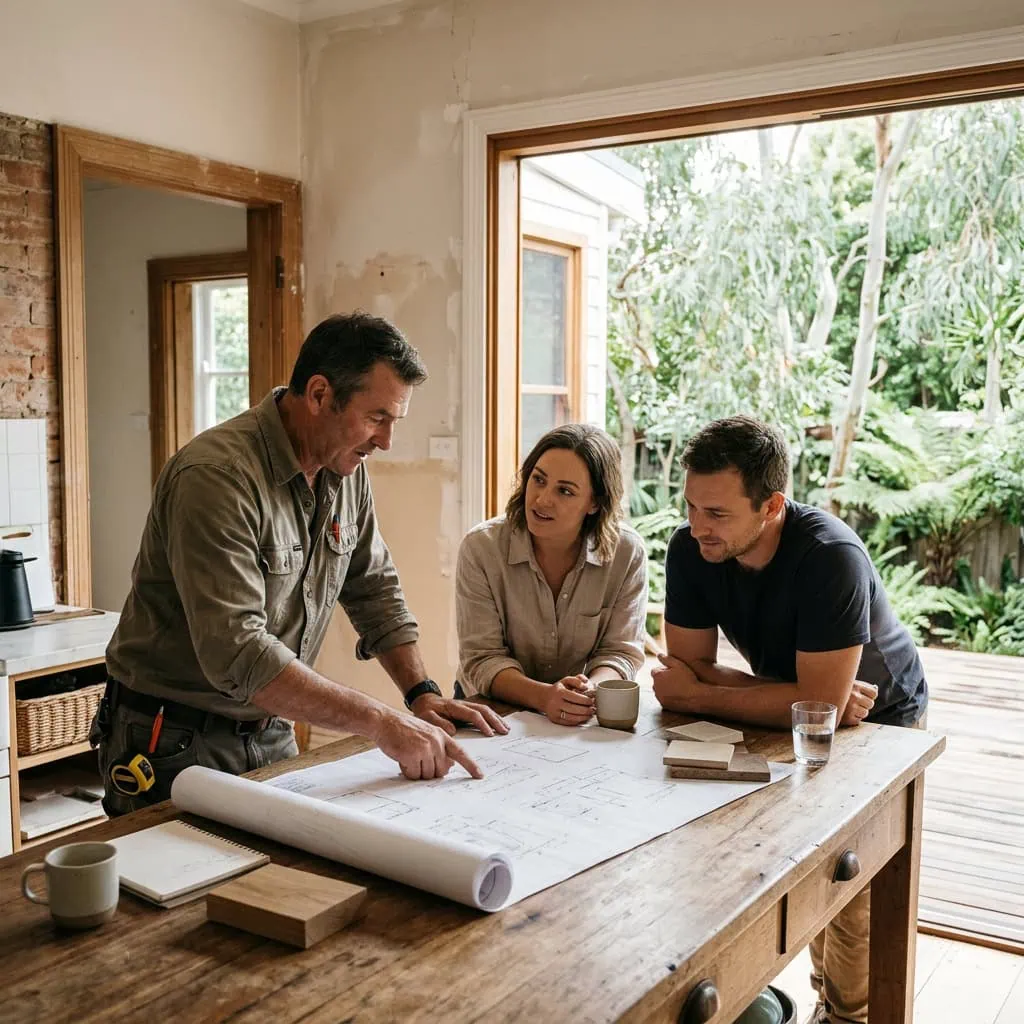 Three adults review building plans at a timber workbench in a partly renovated room
