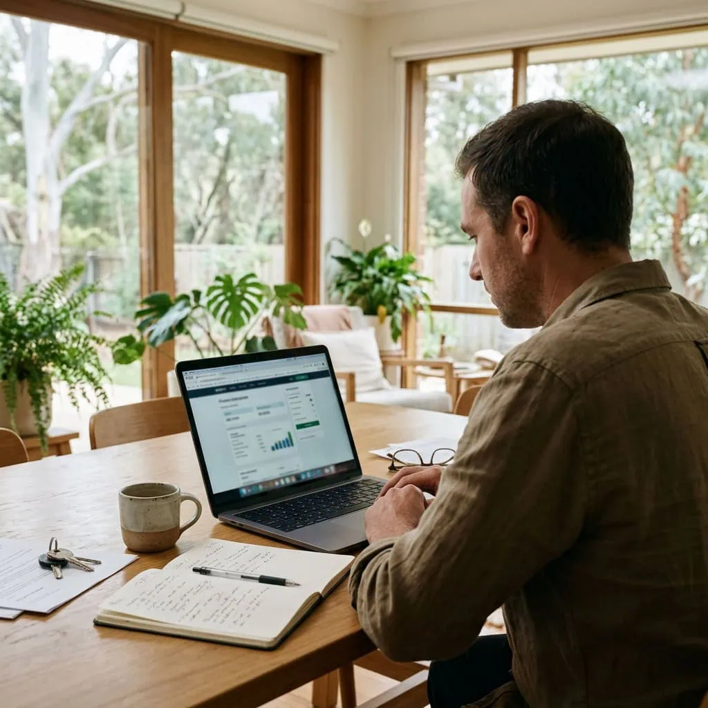 A man reviews a laptop and handwritten notes at a timber dining table