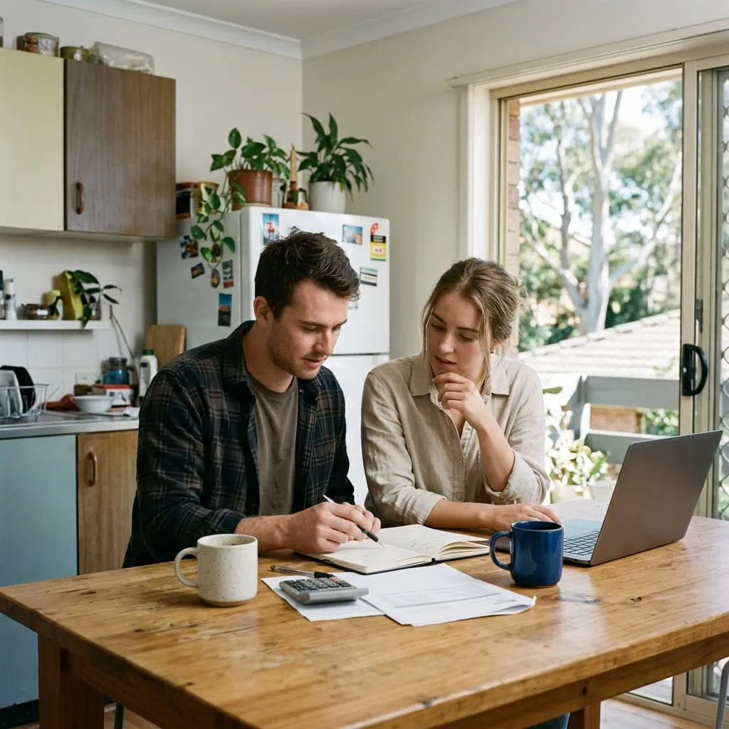 Two adults review a notebook and paperwork beside a laptop at a kitchen table